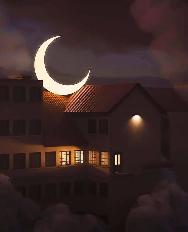 a house with the moon in the sky above it and clouds around it at night