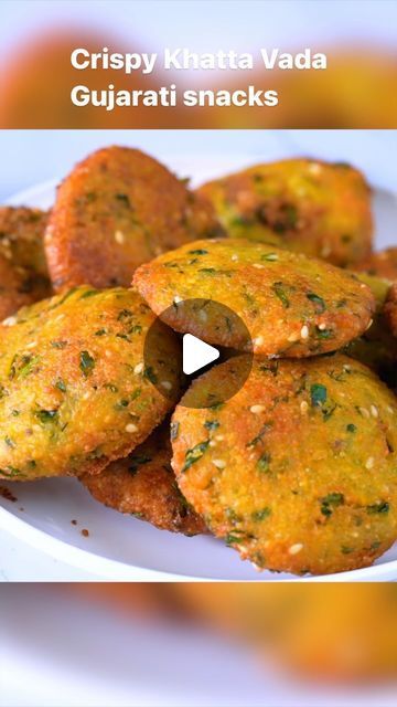 crispy khatta vada gujurat snacks on a white plate with the caption below