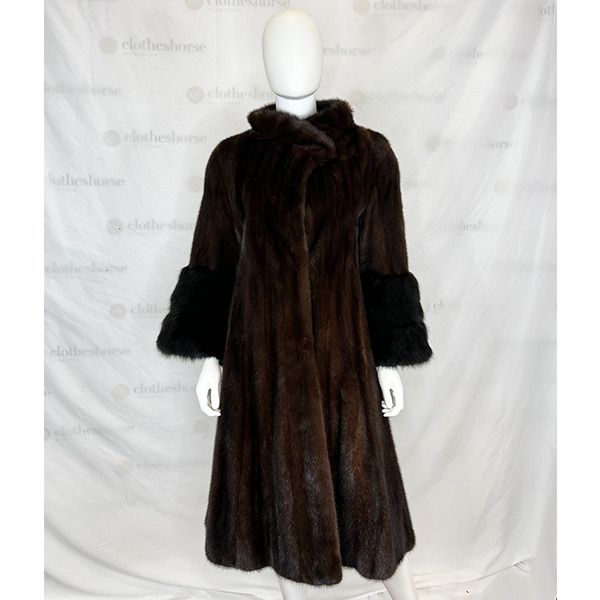 DESIGNER Day Furs  COLOR Brown / Black MATERIAL Mink / Rabbit SIZE Size Tag Removed Estimated Size Small MEASUREMENTS Length: 42 in. Sleeve Length: 21.5 in.  Shoulder Width: 20 in. Bust: 17 in. DETAILS Brown mink Black fur cuffs Three front hook & eye closures Two side pockets Dark brown satin lining 'DDN' monogram on lining CONDITION Gently used, normal signs of wear throughout. Minor pulls & small marks on lining. *Clothing sizes may vary based on designer and style. Please note that pre-owned Classic Brown Fur Coat For Formal Occasions, Classic Formal Fur Coat, Black Fur Coat, Fur Cuffs, Brown Satin, Style Dark, Streetwear Fashion Women, Hook Eye, Measurement Length