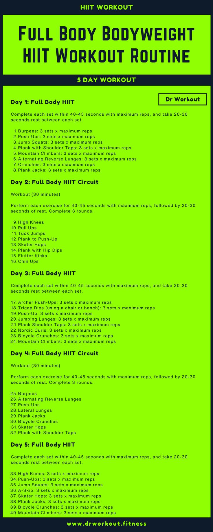 a green poster with the words full body bodyweight hit workout routine written in black