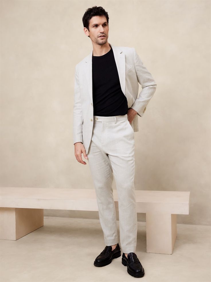 Tailored-Fit Linen-Blend Glen Plaid Suit Trouser | Banana Republic Factory Casual Linen Suits For Work, Summer Linen Blazer In Neutral Color, Fitted Neutral Suits For Spring, Neutral Fitted Suit For Spring, Spring Neutral Fitted Suits, Tailored Neutral Suit For Spring, Summer Cotton Suit For Business Casual, White Linen Suits For Spring, Tailored Casual Summer Suits