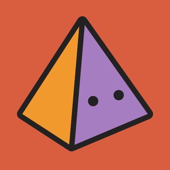 an orange and purple triangle with two black dots on it's center is shown