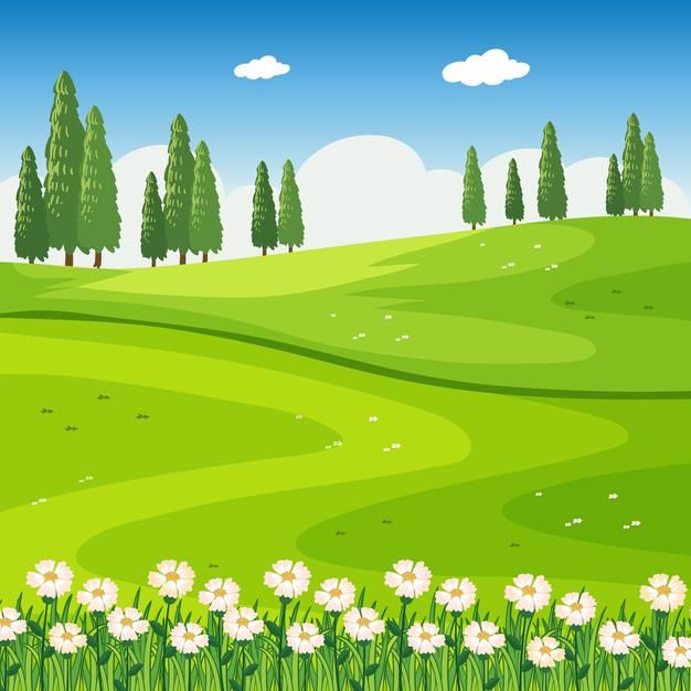 a green field with flowers and trees in the background is an empty space for text