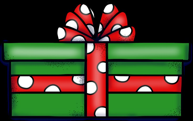 a red and green gift box with polka dots on it's side, wrapped in a ribbon