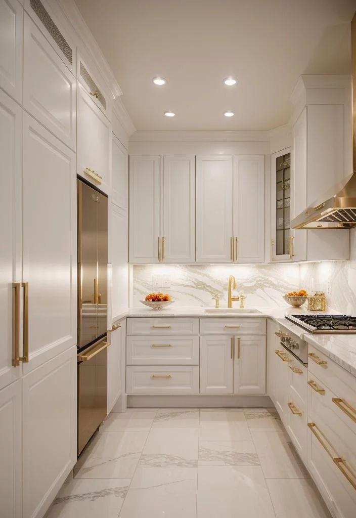 a kitchen with marble counter tops and white cabinetry, gold accents on the doors