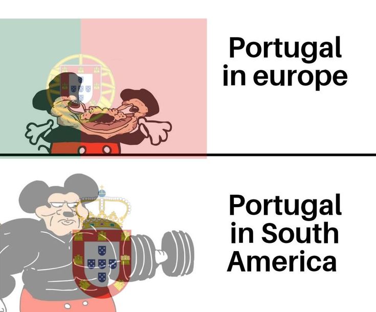 two cartoon images with the words portugal in europe and portugal in south america