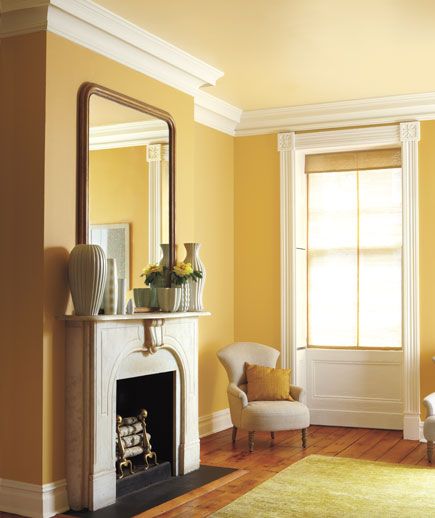 a living room filled with furniture and a fire place in front of a mirror on the wall