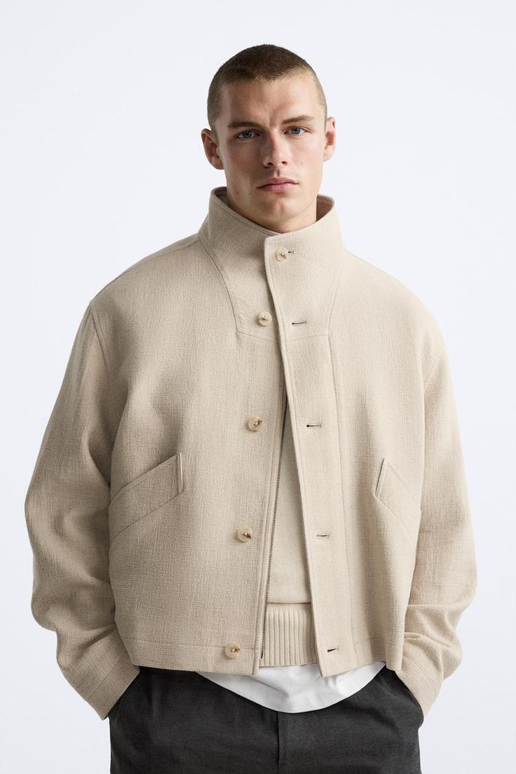 LINEN - COTTON JACKET - Beige | ZARA United States Light Jacket Outfit Men, 2025 Mens Fashion, Jacket Pocket Detail, Crewneck Men, Beige Jacket Outfit Men, Zara Men, Linen Jacket Men, Beige Jacket Outfit, Linen For Men