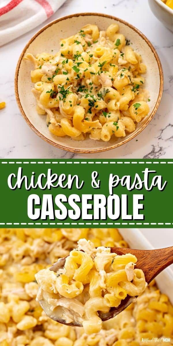 chicken and pasta casserole in a white bowl with a wooden spoon on the side