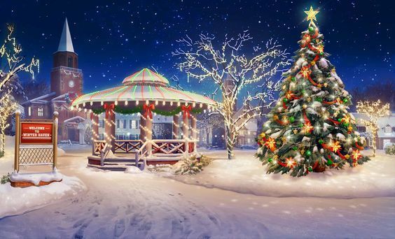 a christmas scene with a gazebo and trees in the snow