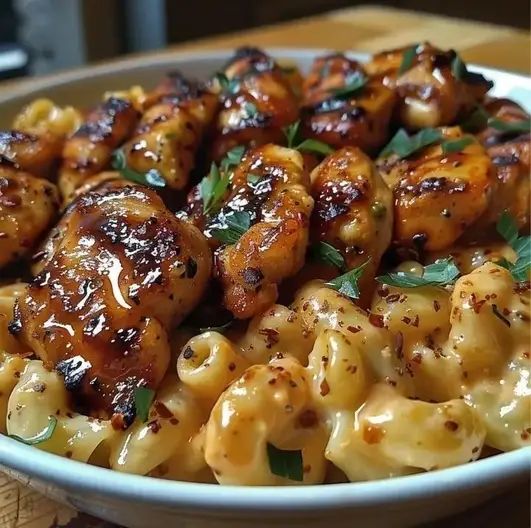 a white bowl filled with pasta covered in chicken