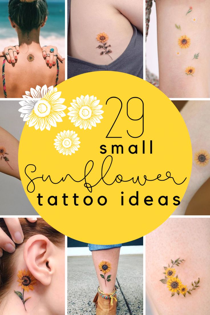 sunflower tattoo designs on the back of women's legs and behind them is a yellow circle that says 29 small sunflower tattoo ideas