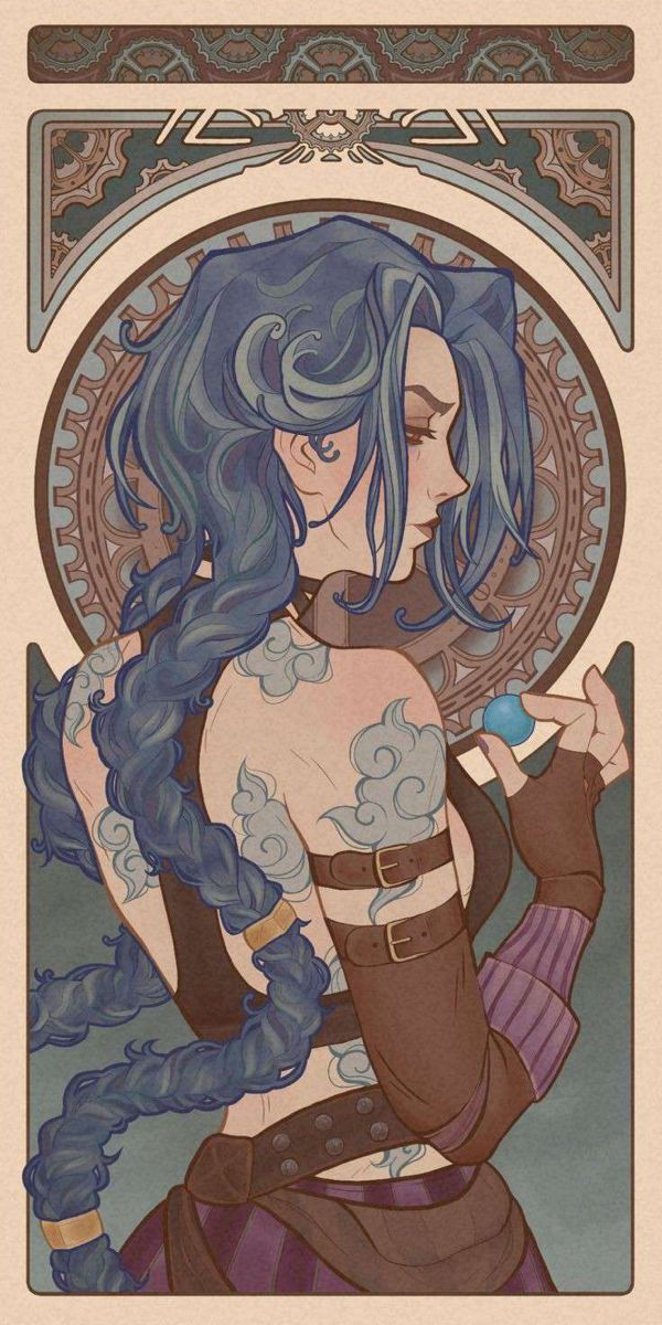 a drawing of a woman with blue hair and tattoos on her chest, sitting in front of a mirror