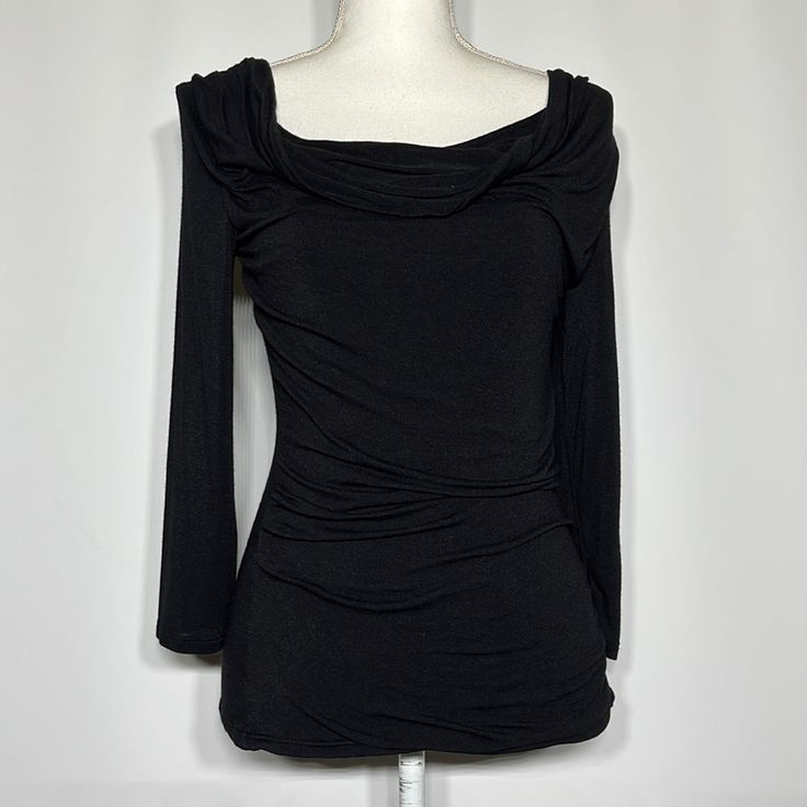 Nwt Black Long Sleeve Blouse Fitted Black Long Sleeve Top For Evening, Black Fitted Top For Evening, Black Fitted Evening Top, Chic Black Long Sleeve Top For Evening, Elegant Black Stretch Long Sleeve Top, Elegant Black Long Sleeve Top For Night Out, Casual Black Tops With Foldover Top, Casual Black Foldover Top, Black Foldover Top For Night Out