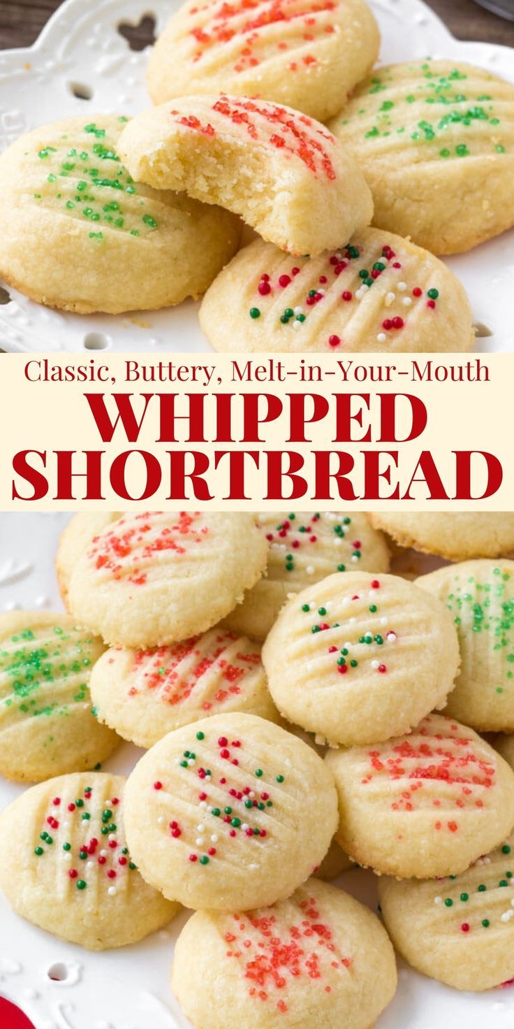 Collage of 2 photos of whipped shortbread Whipped Shortbread, Whipped Shortbread Cookies, Christmas Baking Recipes, Christmas Foods, Holiday Cookie Recipes, Best Cookie Recipes, Christmas Snacks, Christmas Cooking, Shortbread Cookies