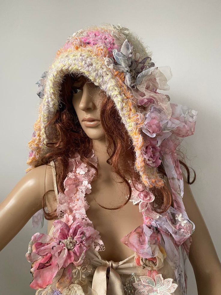 Hand made Bohemian crocheted hat art to wear fairy gypsy mori girl hat embellished hat romantic hat boho chic hat wearable art Bohemian Hat With Crochet Trim, Bohemian Adjustable Crochet Hat With Crochet Trim, Adjustable Bohemian Crochet Hat With Crochet Trim, Pink Bohemian Hat For Festival, Hand Knitted Adjustable Mini Hats For Spring, Bohemian Pink Hat For Festival, Adjustable Hand Knitted Mini Hats For Spring, Adjustable Hand-knitted Mini Hats For Spring, Pink Bohemian Festival Hat