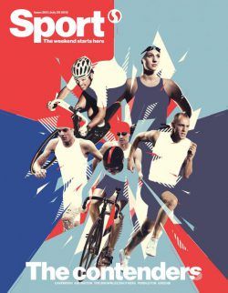 a group of men riding bikes on top of a blue red and white background with the words sport