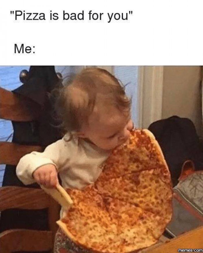 a baby holding a large piece of pizza in it's mouth with the caption, when your baby finds out that pizza is life