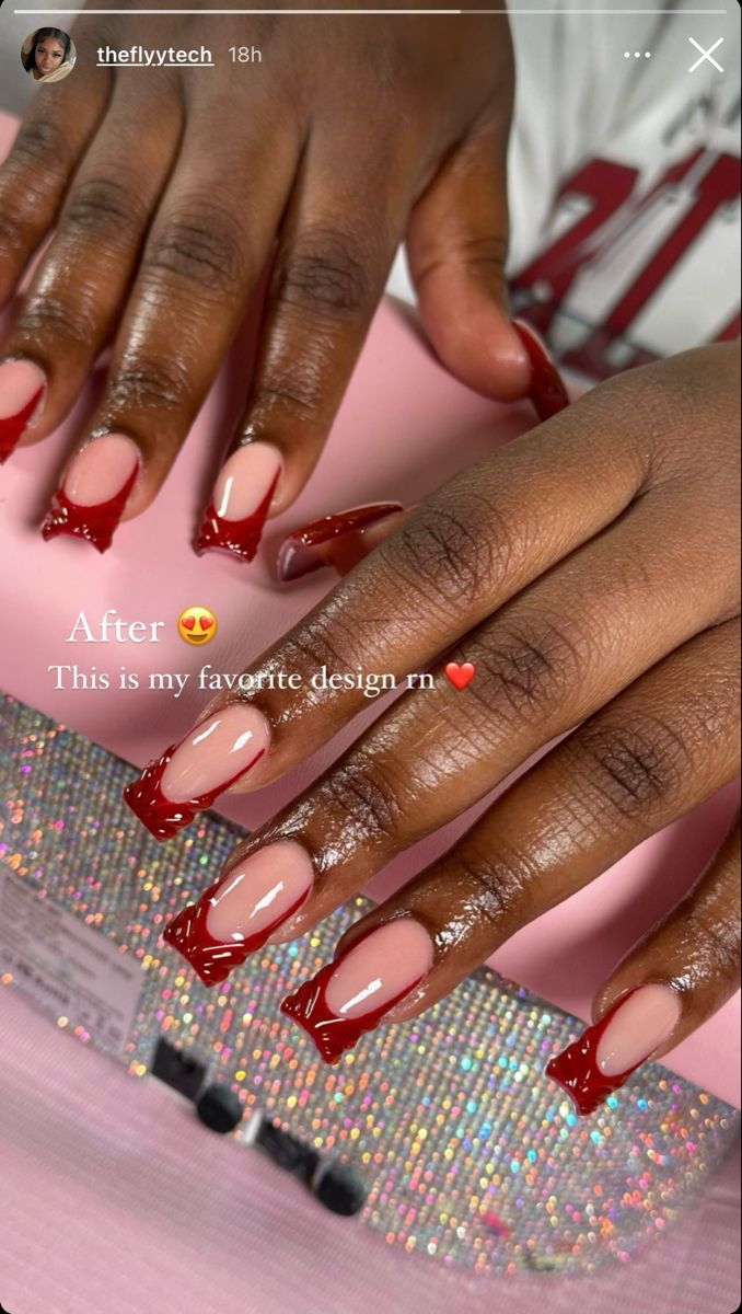 Red Press On Nails Short, Red French Tip Birthday Nails, Pink Base Red French Tip, Simple Red Acrylic Nail Ideas, Red Nails With Red French Tip, Red Short Nails Square, Red French Tip Nails With Diamonds, Red French Valentine Nails, Red And Green Short Nails