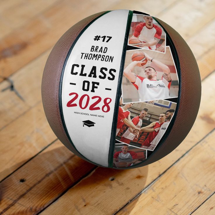 a basketball with photos on it sitting on a wooden floor in front of the words class of 2088