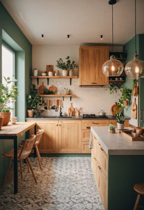 a kitchen with green walls and wooden cabinets