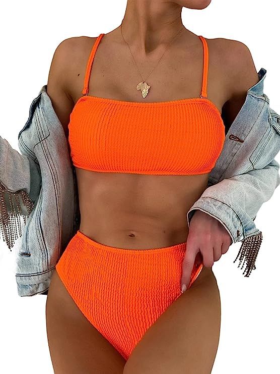 Lilosy High Waisted Tummy Control Bikini Swimsuit Set 2 Piece Neon Orange Swimsuit, Neon Bathing Suits, Orange Bathing Suit, Neon Swimsuit, Colorful Bathing Suit, Orange Swimsuit, Swimsuits Outfits, Cute Bathing Suits