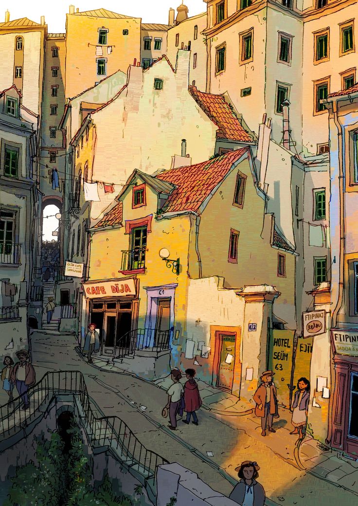 an artistic painting of people walking down the street in front of some buildings and shops