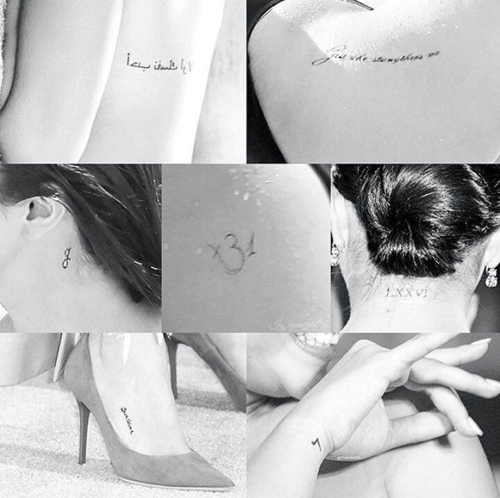 four different shots of a woman with tattoos on her back and neck, both showing the word love