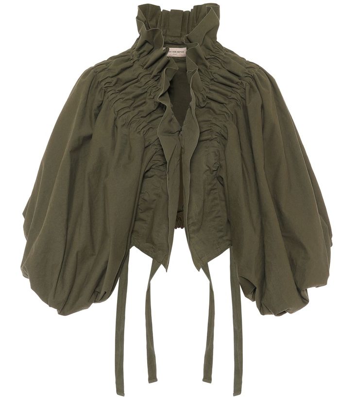 Jacket With Ruffles, Dries Van Noten 2020, Carhartt Denim Jacket, Green Khaki Jacket, Ruffle Jacket, Ruffled Collar, Ruffle Collar, Puffed Sleeves, Dries Van Noten