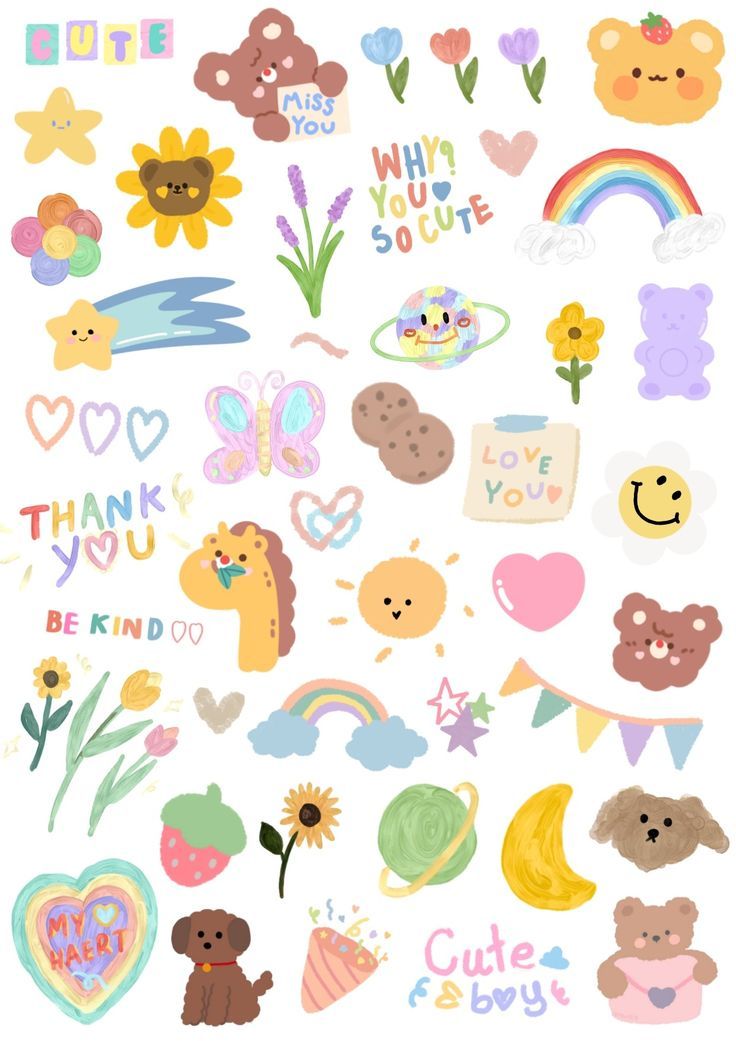 a bunch of stickers that are on top of a white surface with flowers and hearts