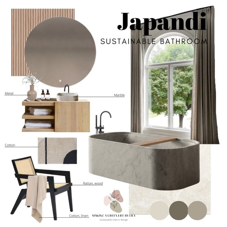 an image of japanese bathroom design board with neutrals and browns in the color scheme