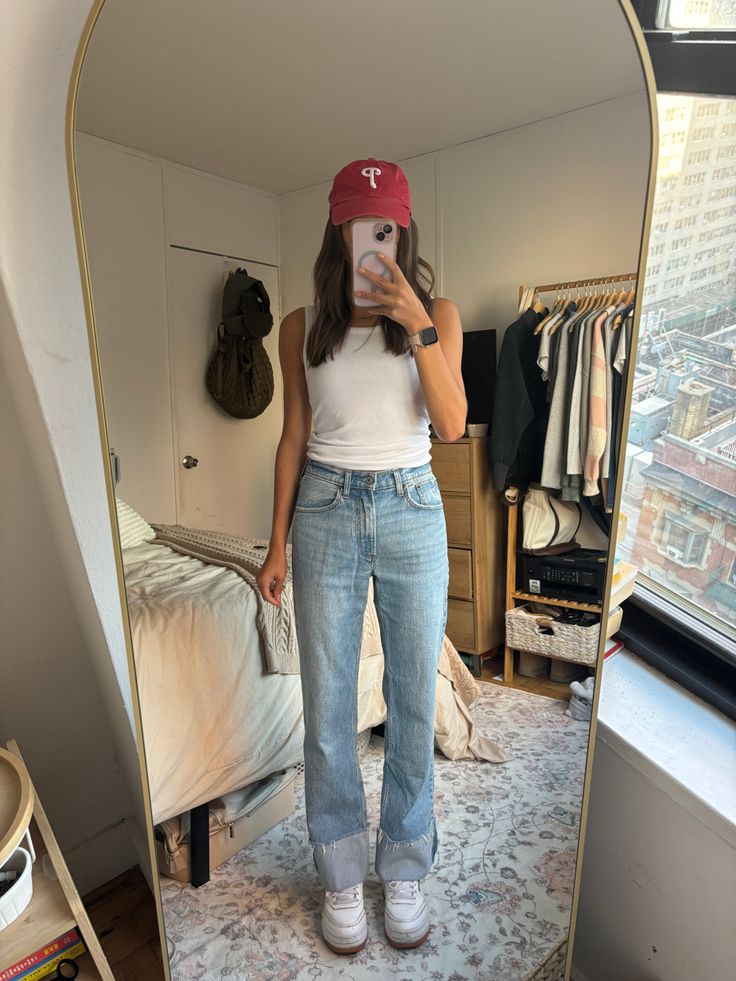 Baseball outfit, Phillies, white tank, cuffed jeans, mid rise jeans, Reebok sneakers, casual, fall transition Baseball Outfit, Jeans Mid Rise, Reebok Sneakers, Fall Transition, Cuffed Jeans, Mid Rise Jeans, White Tank, Casual Fall, Mid Rise