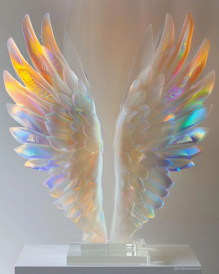 the wings of an angel are colored multicolored in white and blue, with light shining through them