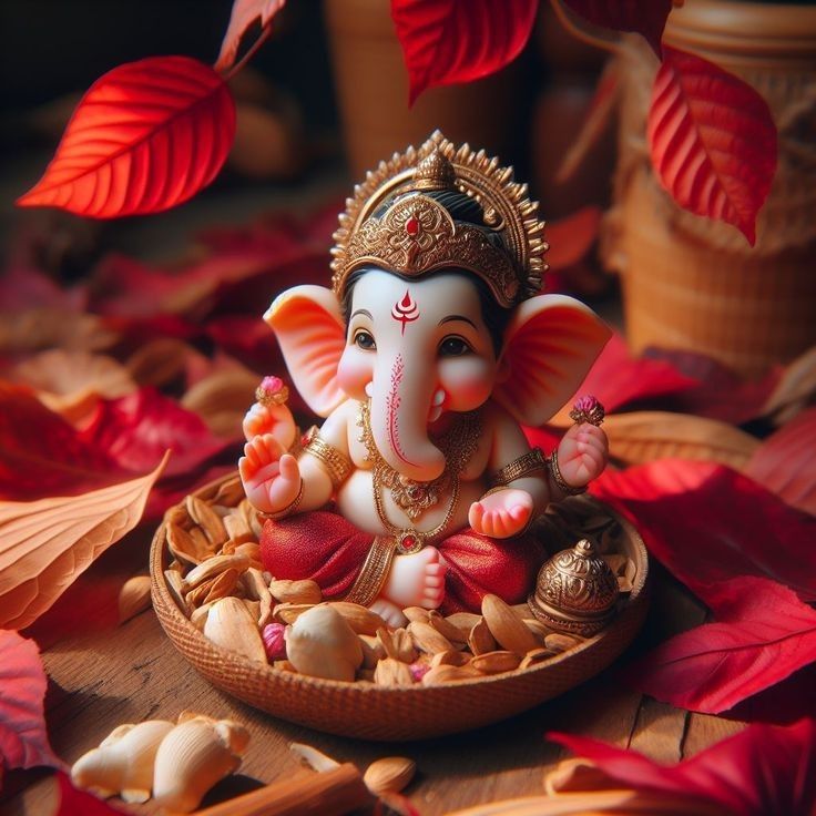 an elephant statue sitting on top of a wooden bowl filled with nuts and leaves next to a potted plant