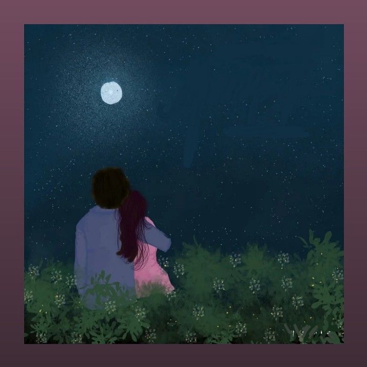 a man and woman sitting in the grass at night looking up at the stars above them