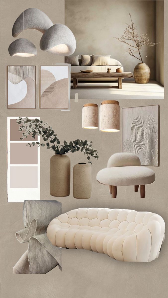 an assortment of different types of furniture and decor in shades of grey, beige, white and neutral