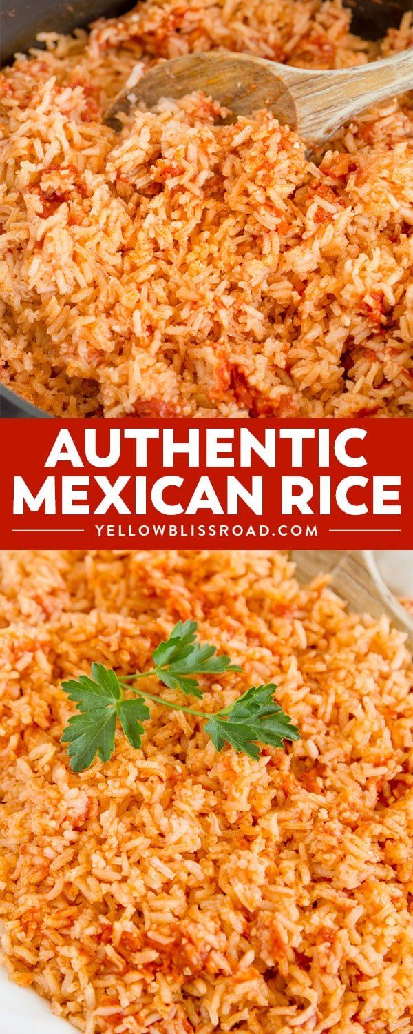 mexican rice in a skillet with wooden spoons and red text that reads authentic mexican rice