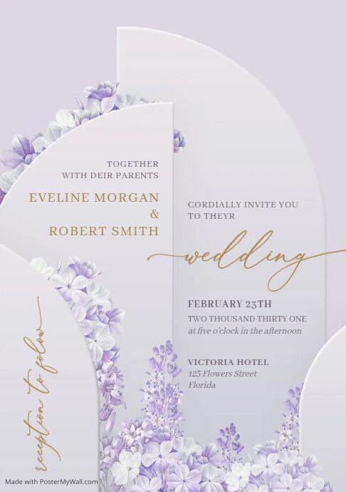 the wedding card is decorated with purple flowers