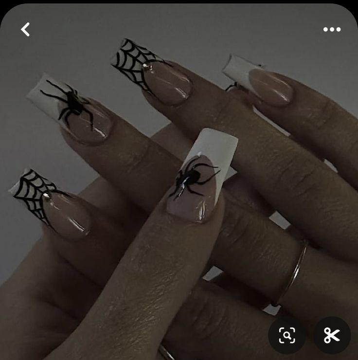 Simple Small Nails Designs, Simple Square Halloween Nails, Spider French Tip Nails, Almond Nails Designs Dark, Halloween Acrylic Nail Ideas, Spider Web French Tip Nails, Halloween Nails Acrylic Square, Metalhead Nails, Spider Nail Designs