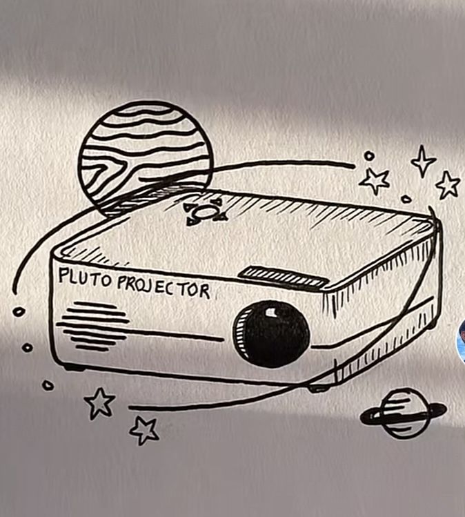 a drawing of a projector on the side of a metal surface with stars around it