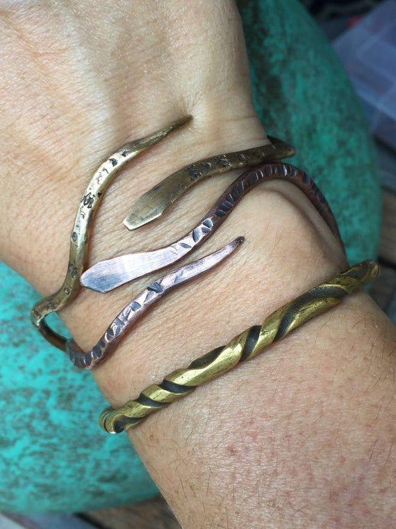 Tribal Brass Snake Bangle - Unique Adjustable Gold Bracelet - Hand Forged Celtic / Viking / Serpent Artisan Hammered Gold Bracelets, Artisan Gold Hammered Bracelets, Hammered Bronze Metal Bracelets, Rustic Gold Bracelets As Gift, Rustic Gold Bracelets For Gifts, Rustic Gold Bracelet As Gift, Rustic Gold Bracelet For Gift, Handmade Rustic Gold Bracelets, Rustic Hammered Gold Jewelry