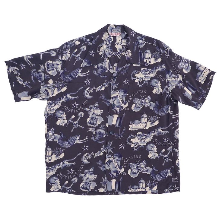 Rock 'n' Roll Shirt "Biribi" - Navy | Mister Freedom® Body Pattern, Jailhouse Rock, Matching Patterns, Lp Cover, Denim Boots, Vintage Inspired Outfits, Indigo Dye, Aloha Shirt, Novelty Print