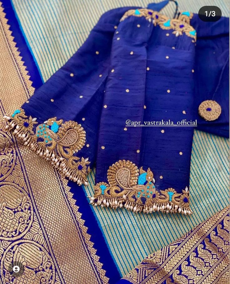 Devsena Blouse Design, Peacock Blue Blouse Designs, Peacock Blue Blouse, Gold Blouse Designs, Maggam Blouses, Pink Blouse Designs, Magam Work, Blue Blouse Designs, Maggam Blouse