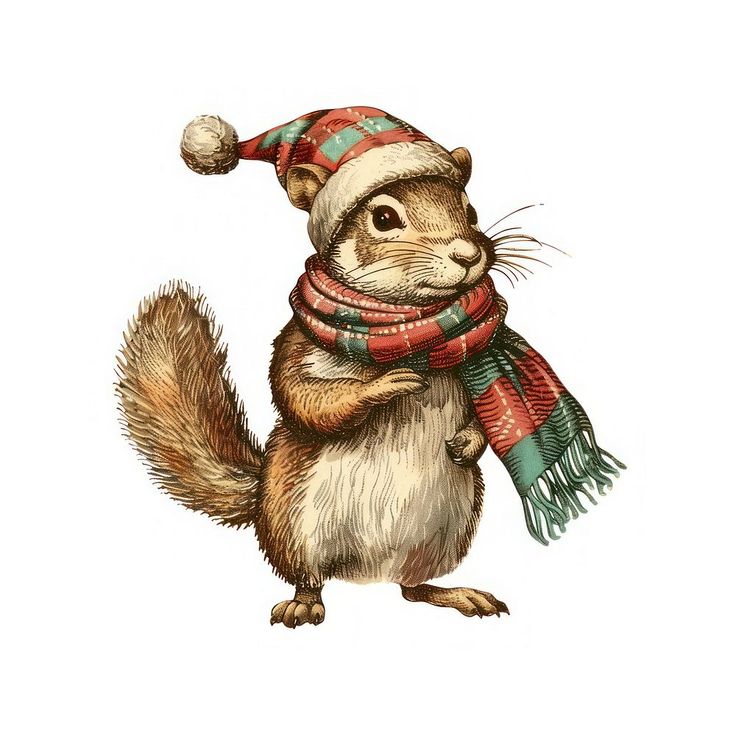 a drawing of a squirrel wearing a santa hat and scarf