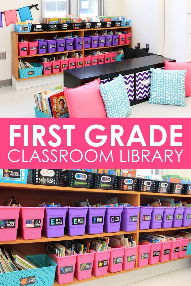 the first grade classroom library is filled with colorful bins