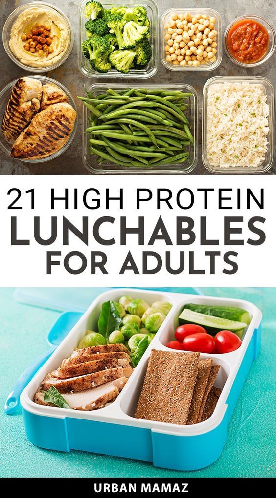 lunch boxes filled with different foods and the words, 21 high protein lunchables for adults