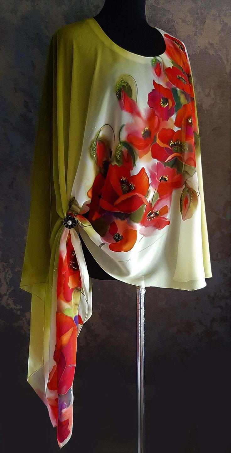 Designer Silk Tunic Red Poppies Hand painted, Bohemian clothing. Tunic for women. One-size dress, Evening dress, Beach wedding, Art of wearing. Fantastic white tunic, Women's fashion, hand-painted with floral motif, A luxurious fabric made of thin transparent fixture creates a magnificent smooth drapery. I make them in my workshop in Moldova using special dyeing methods. Each part is unique, you will never see the other one! We used permanent reactive dyes, so the colors are constantly fixed in Chiffon Poncho, Poncho Blouse, Hand Painted Dress, Stylish Tops For Women, Silk Scarf Painting, Bohemian Clothing, Hand Painted Silk Scarf, White Tunic, Silk Tunic