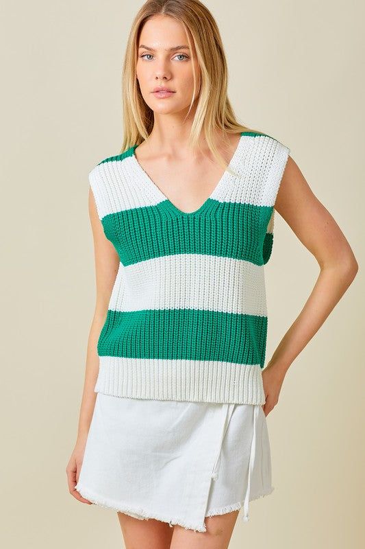 Striped sweater vest -knit -sleeveless -Relaxed fit -unlined -lightweight -fabric content -100% polyester -Machine Wash Cold Striped Sweater Vest, Out Of Your League, Vest Knit, Heeled Mules Sandals, Plus Size Activewear, Cardigan Vest, Team Apparel, Striped Sweater, Tee Dress