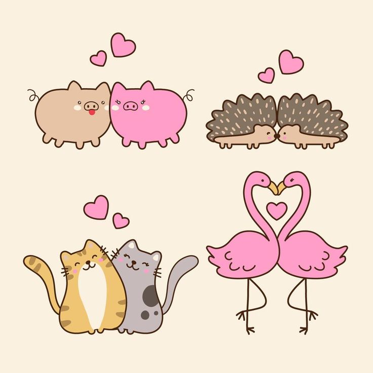 four cute animals and two flamingos with hearts