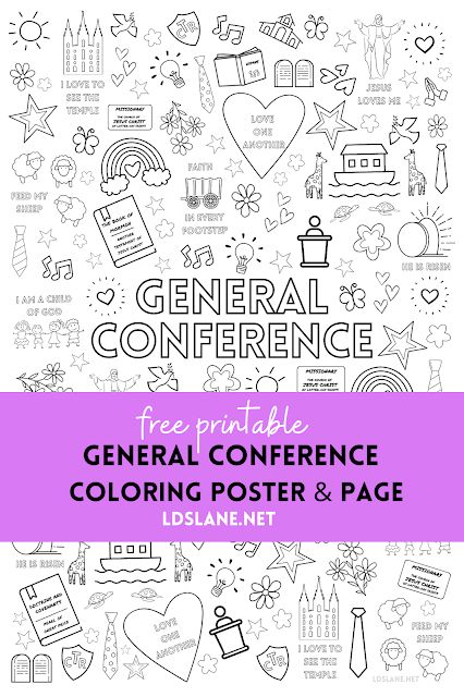 the general conference coloring poster and page is shown in black and white with pink border